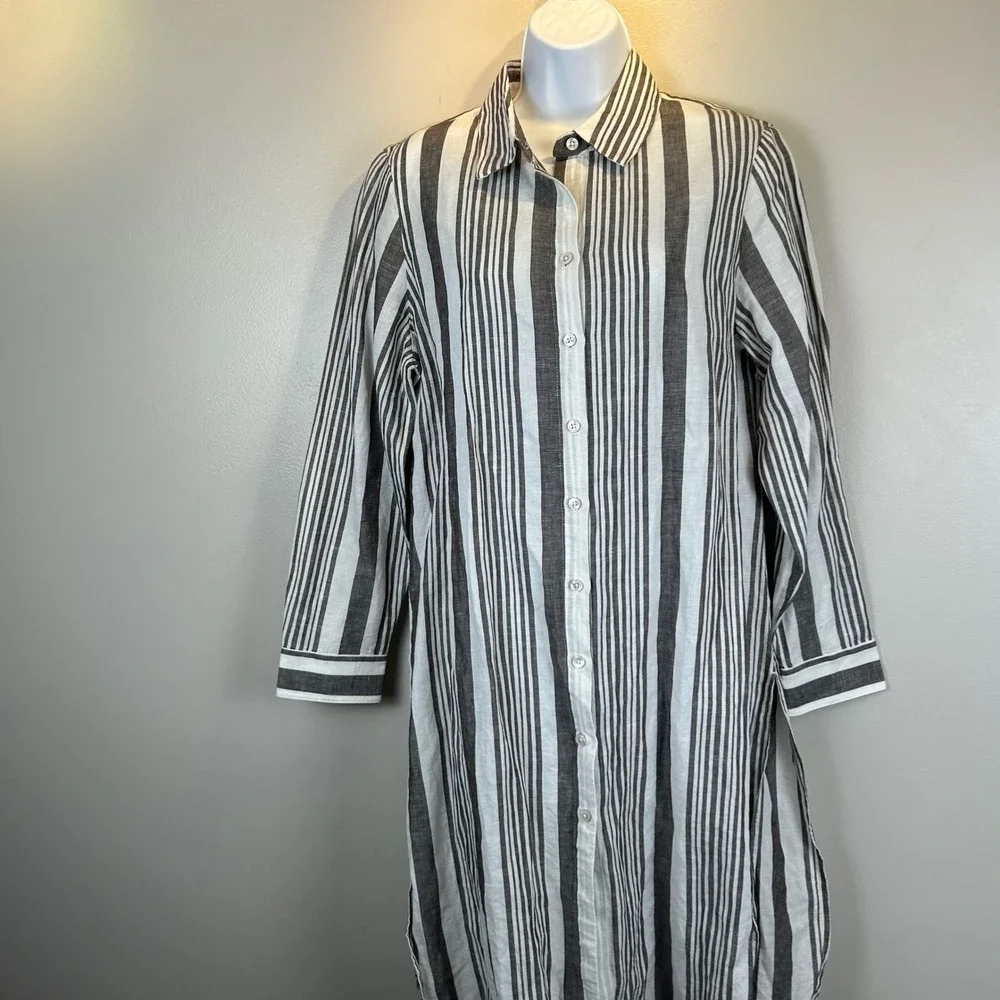 Chicos Striped Linen Cotton Swim Cover Up Shirt Dress Grey White Size 1P Medium‎